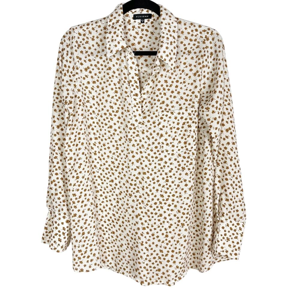 Pleione Medium Cream Orange Ditsy Floral Long Sleeve Blouse V Neck Pleated Back
